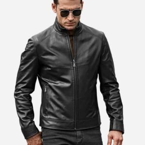 Men's Real Black Leather Jacket with Short Standing Collar