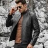 Men's Real Black Leather Jacket with Short Standing Collar - Image 2