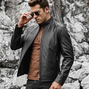 Alternative view of Men's Real Black Leather Jacket with Short Standing Collar