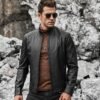 Men's Real Black Leather Jacket with Short Standing Collar - Image 3
