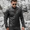 Men's Real Black Leather Jacket with Short Standing Collar - Image 4