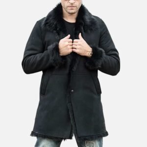 Men's Black Shearling Fur Leather Trench Coat