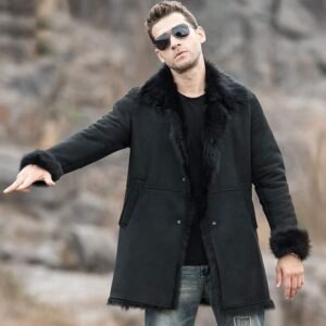Alternative view of Men's Black Shearling Fur Leather Trench Coat