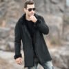 Men's Black Shearling Fur Leather Trench Coat - Image 3