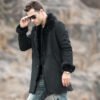 Men's Black Shearling Fur Leather Trench Coat - Image 4