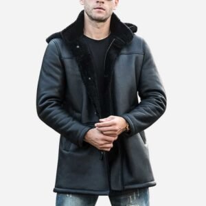 Men's Black Shearling Leather Trench Coat with Hood