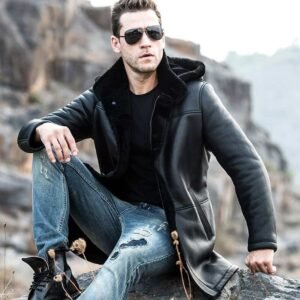 Alternative view of Men's Black Shearling Leather Trench Coat with Hood