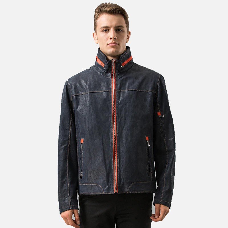 Men's Casual Navy Leather Jacket - Image 3
