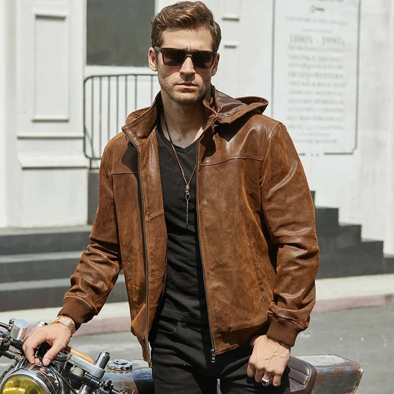 Men's Motorcycle Bomber Leather Jacket With A Hood - Image 2