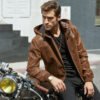 Men's Motorcycle Bomber Leather Jacket With A Hood - Image 3