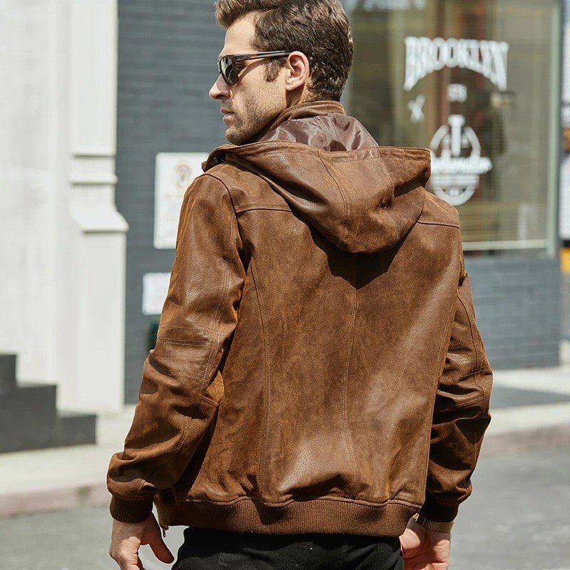 Men's Motorcycle Bomber Leather Jacket With A Hood - Image 5