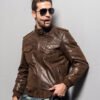 Men's Brown Bomber Leather Jacket with Rib Collar - Image 3