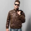 Men's Brown Bomber Leather Jacket with Rib Collar - Image 2