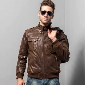 Alternative view of Men's Brown Bomber Leather Jacket with Rib Collar