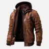Men's Brown Moto Shearling Leather Jacket with Removable Hood - Image 2