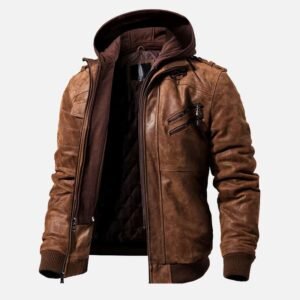 Alternative view of Men's Brown Moto Shearling Leather Jacket with Removable Hood