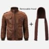 Men's Brown Moto Shearling Leather Jacket with Removable Hood - Image 3
