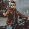 Men's Brown Moto Shearling Leather Jacket with Removable Hood - Image 5