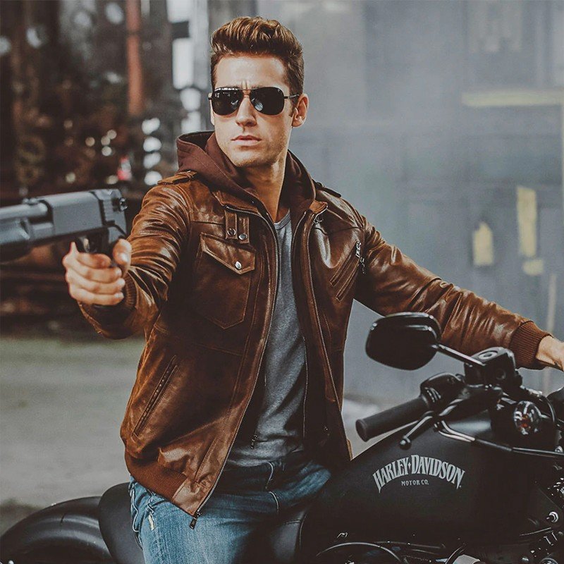 Men's Brown Moto Shearling Leather Jacket with Removable Hood - Image 5