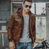 Men's Brown Moto Shearling Leather Jacket with Removable Hood - Image 4