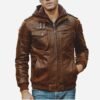 Men's Brown Moto Shearling Leather Jacket with Removable Hood