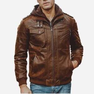 Men's Brown Moto Shearling Leather Jacket with Removable Hood