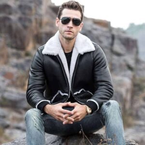 Alternative view of Mens Black Leather Shearling Bomber Jacket