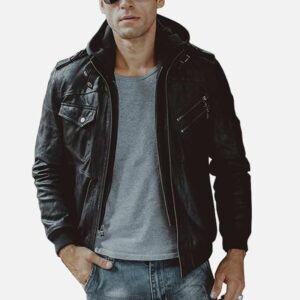 Men's Black Bomber Leather Jacket 001