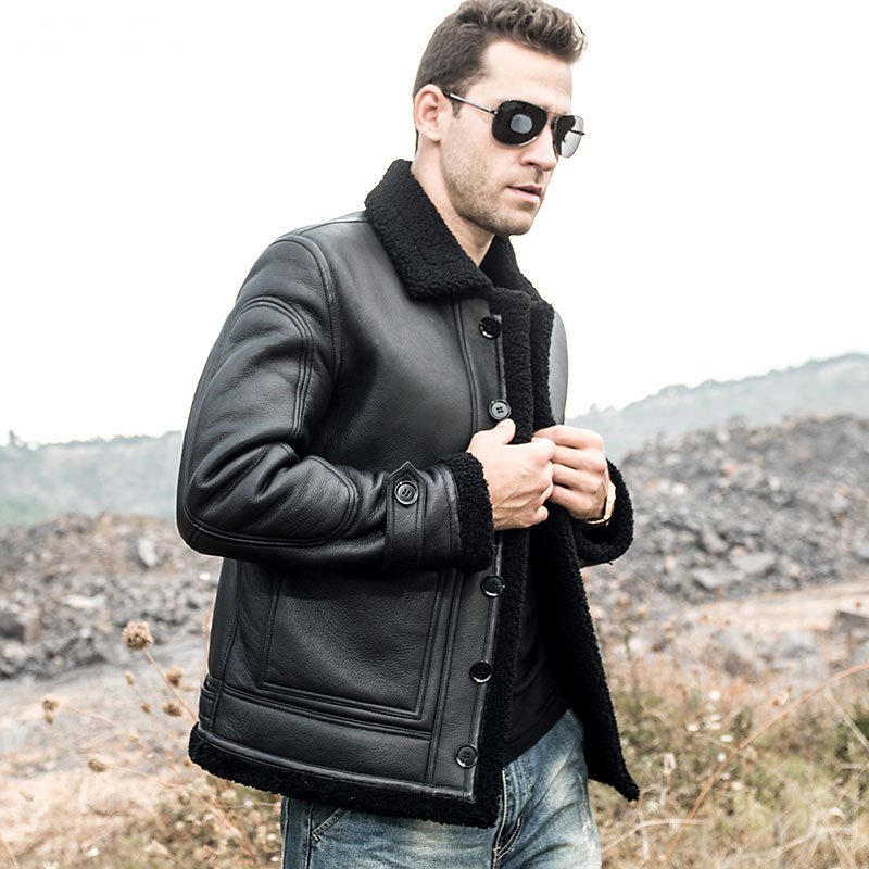 Mens Black Sheepskin Shearling Leather Jacket - Image 3
