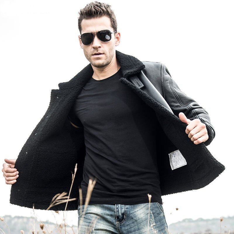 Mens Black Sheepskin Shearling Leather Jacket - Image 4