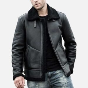 Men's Shearling Leather Coat with Turn-Down Collar Winter Warm Jacket