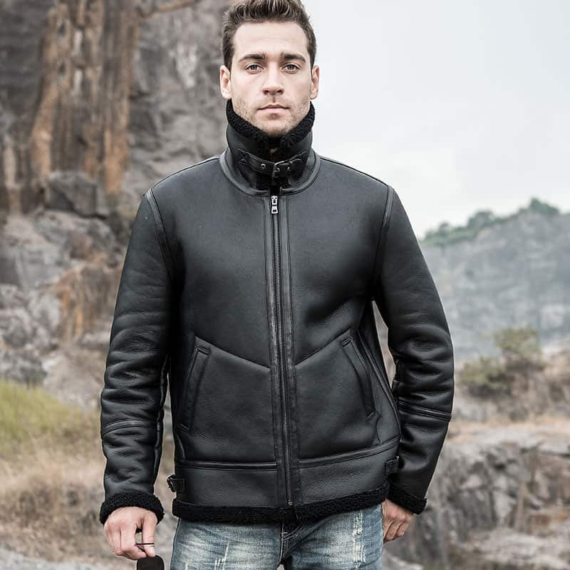 Alternative view of Men's Shearling Leather Coat with Turn-Down Collar Winter Warm Jacket