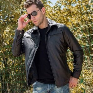 Alternative view of Men's Basic Black Leather Jacket With Shirt Collar