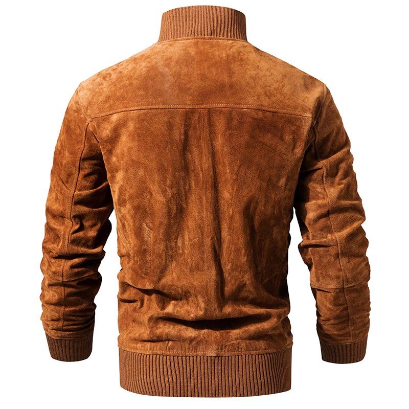 Mens Brown Suede Leather Bomber Jacket - Image 4