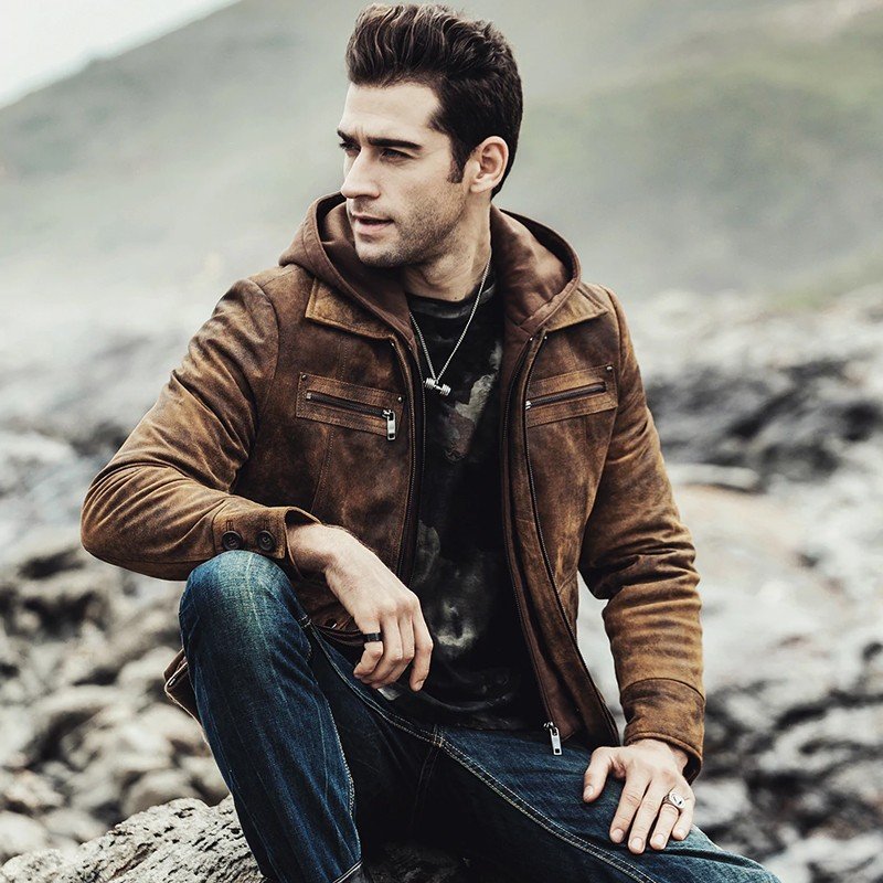 Men's distressed brown bomber leather jacket 02