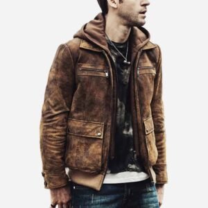 Men's distressed brown bomber leather jacket 03