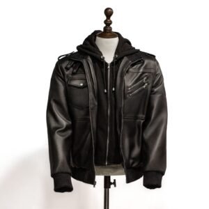 Alternative view of Men's Black Bomber Leather Jacket with Hood