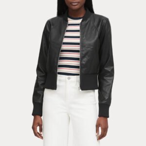 Women Cropped Black Ribbed Cuff Bomber Jacket