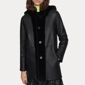 Womens Lambskin Simple Black Hooded Shearling Coat
