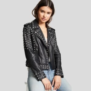 Womens Black Studded Leather Jacket Biker Style Leather Jacket