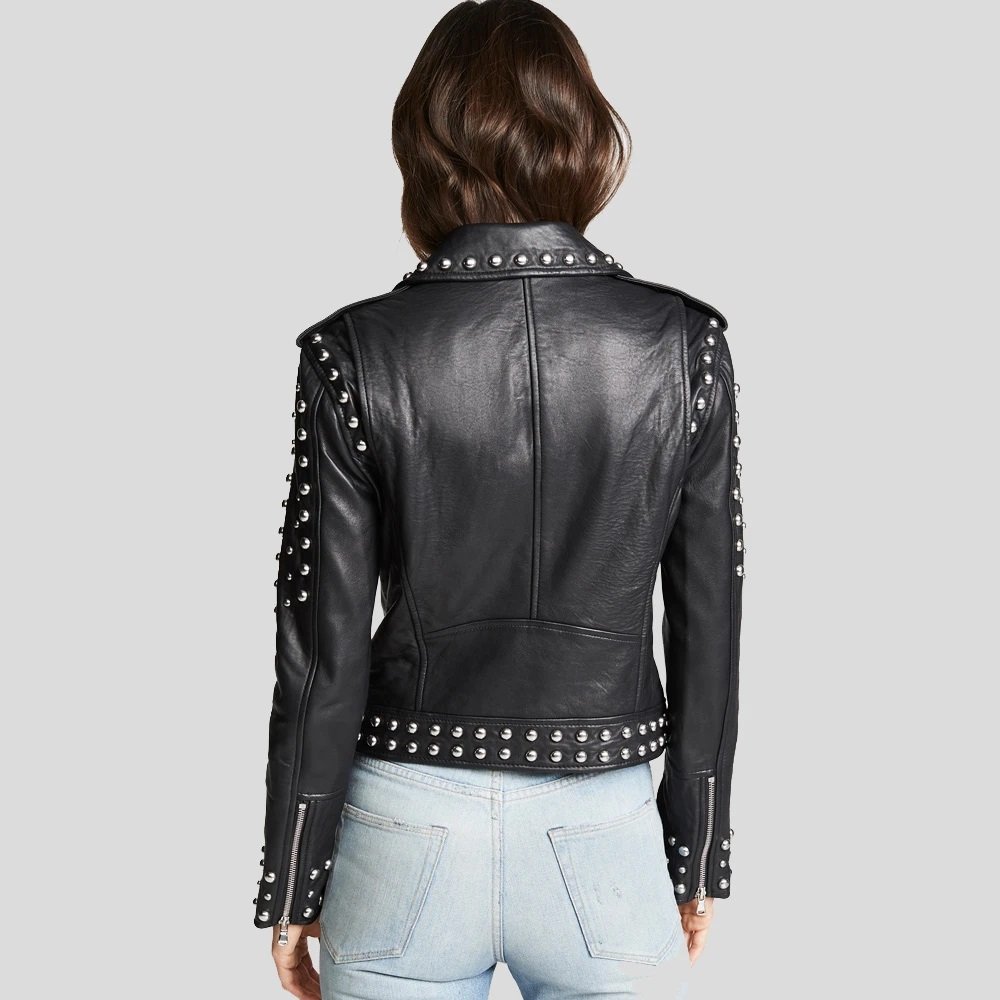Womens Black Studded Leather Jacket Biker Style Leather Jacket