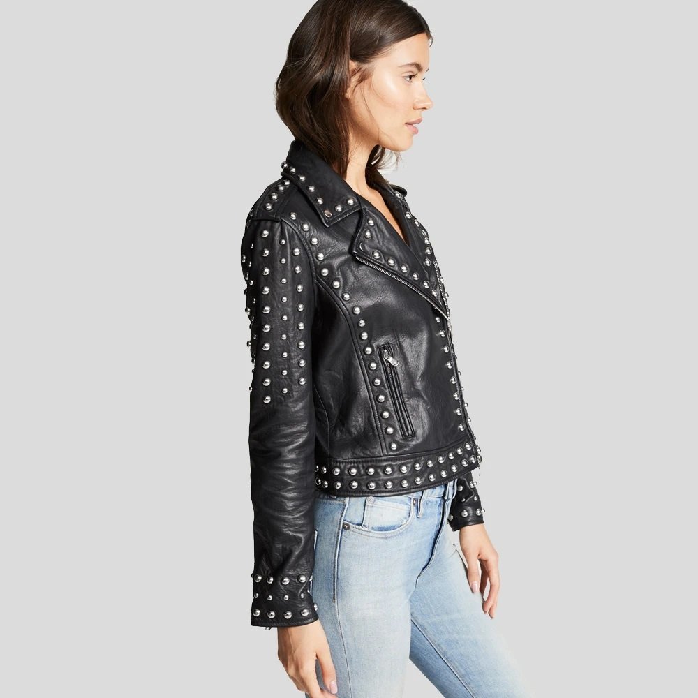 Womens Black Studded Leather Jacket Biker Style Leather Jacket