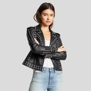 Womens Black Studded Leather Jacket Biker Style Leather Jacket