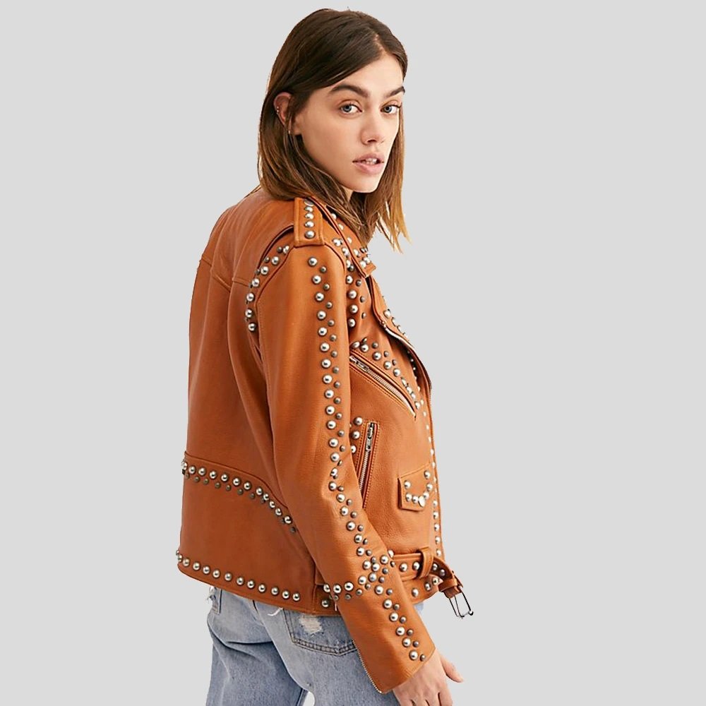 Womens-Tan-Studded-Leather-Jacket