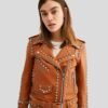 Womens-Tan-Studded-Leather-Jacket