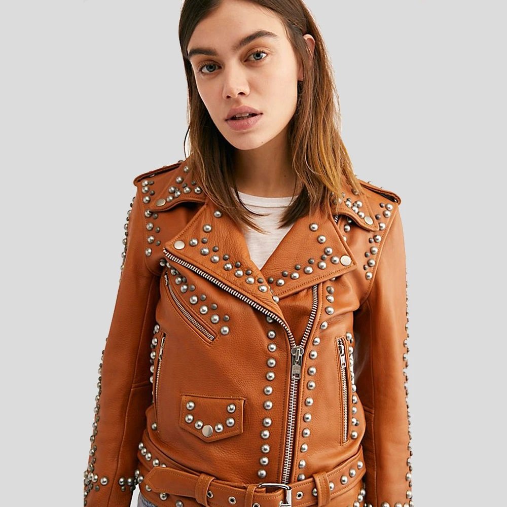 Womens-Tan-Studded-Leather-Jacket