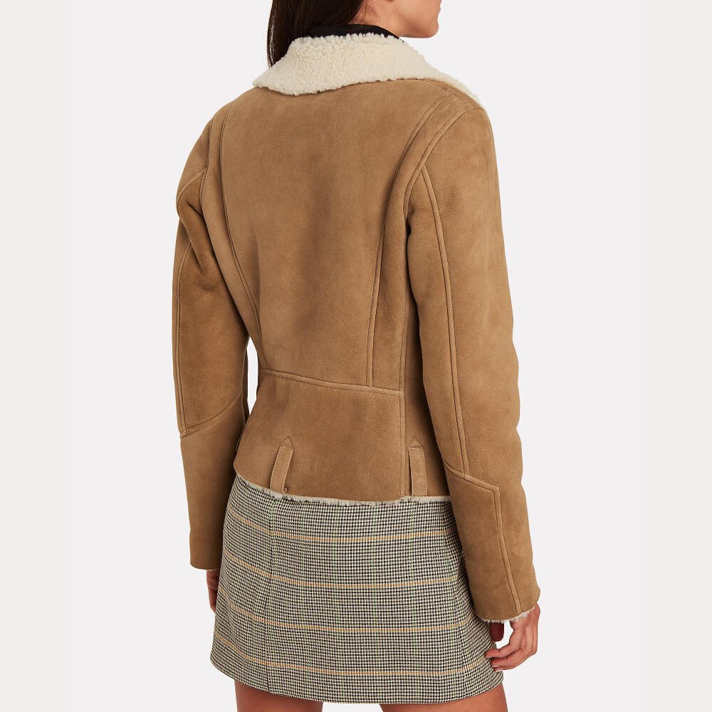 Women's Beige Cropped Shearling Leather Jacket - Image 2