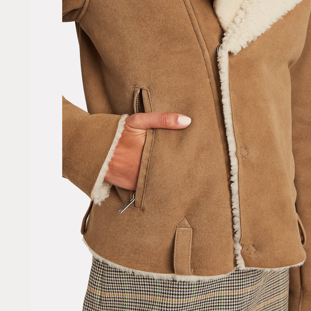 Women's Beige Cropped Shearling Leather Jacket - Image 3
