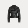 Women's Black Belted Sheepskin Motorcycle Leather Jacket - Image 5