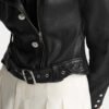 Women's Black Belted Sheepskin Motorcycle Leather Jacket - Image 3
